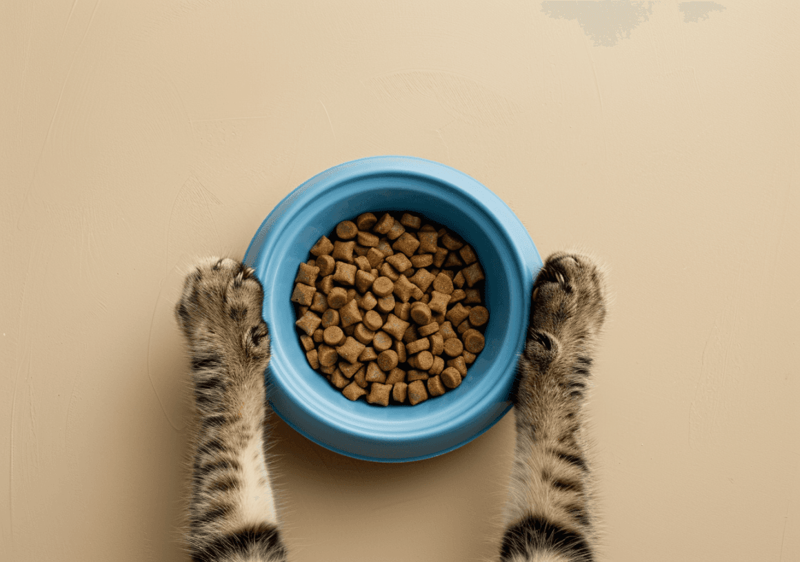 Pattes de chat et gamelle de croquettes.