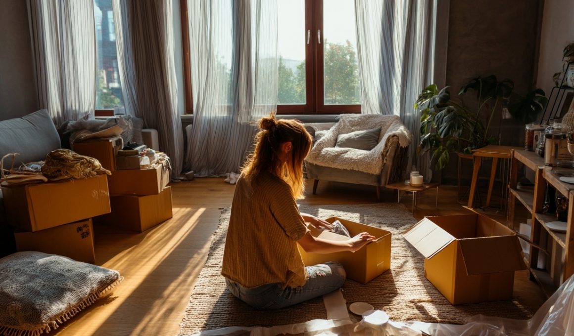 Personne déballant des cartons dans un salon ensoleillé.