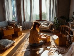 Personne déballant des cartons dans un salon ensoleillé.