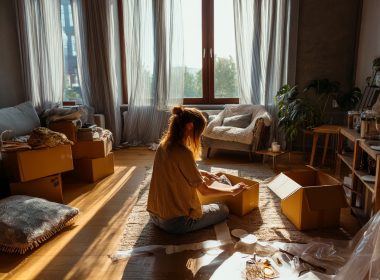 Personne déballant des cartons dans un salon ensoleillé.