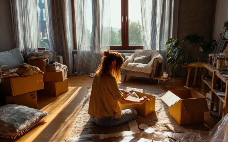 Personne déballant des cartons dans un salon ensoleillé.