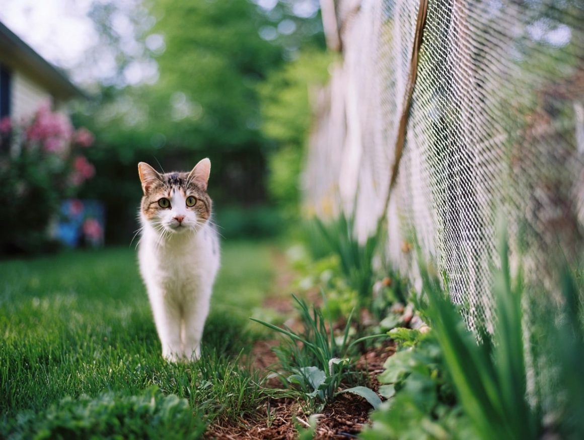 Chat marchant dans le jardin près d'une clôture.