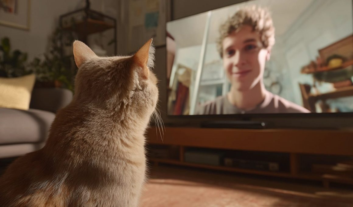 Chat regardant une personne sur écran TV.