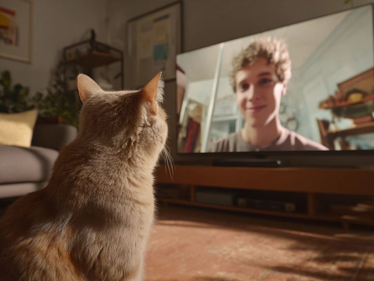 Chat regardant une personne sur écran TV.