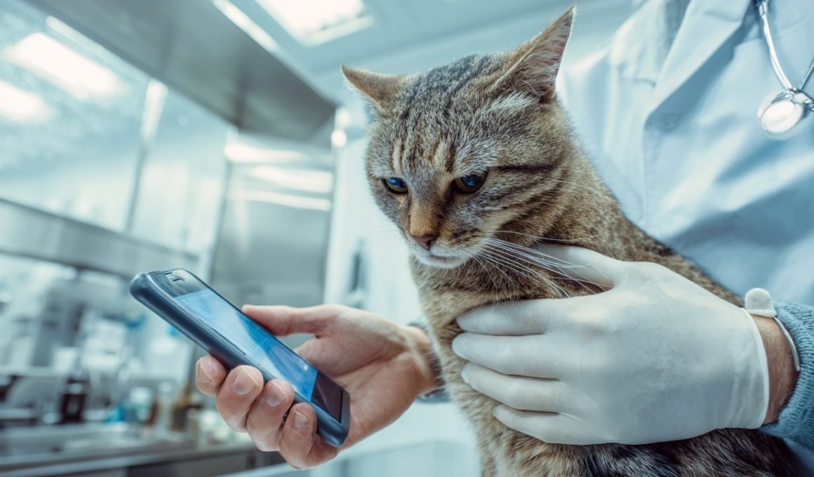 Vétérinaire examinant un chat avec un téléphone portable.