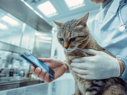 Vétérinaire examinant un chat avec un téléphone portable.