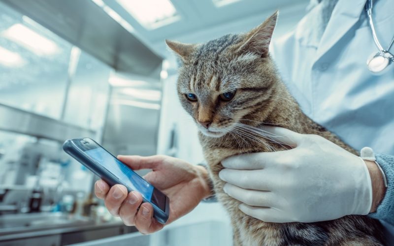 Vétérinaire examinant un chat avec un téléphone portable.
