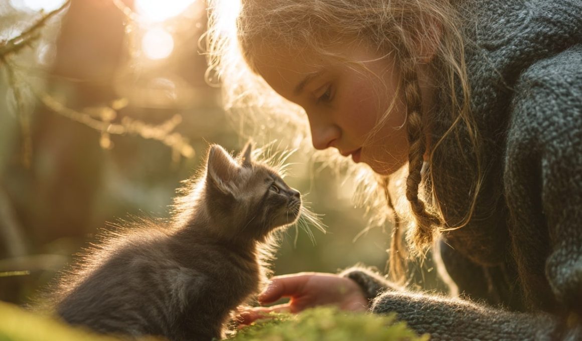 Enfant joue avec un chaton dans la forêt.