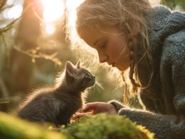 Enfant joue avec un chaton dans la forêt.