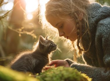 Enfant joue avec un chaton dans la forêt.