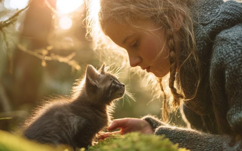 Enfant joue avec un chaton dans la forêt.