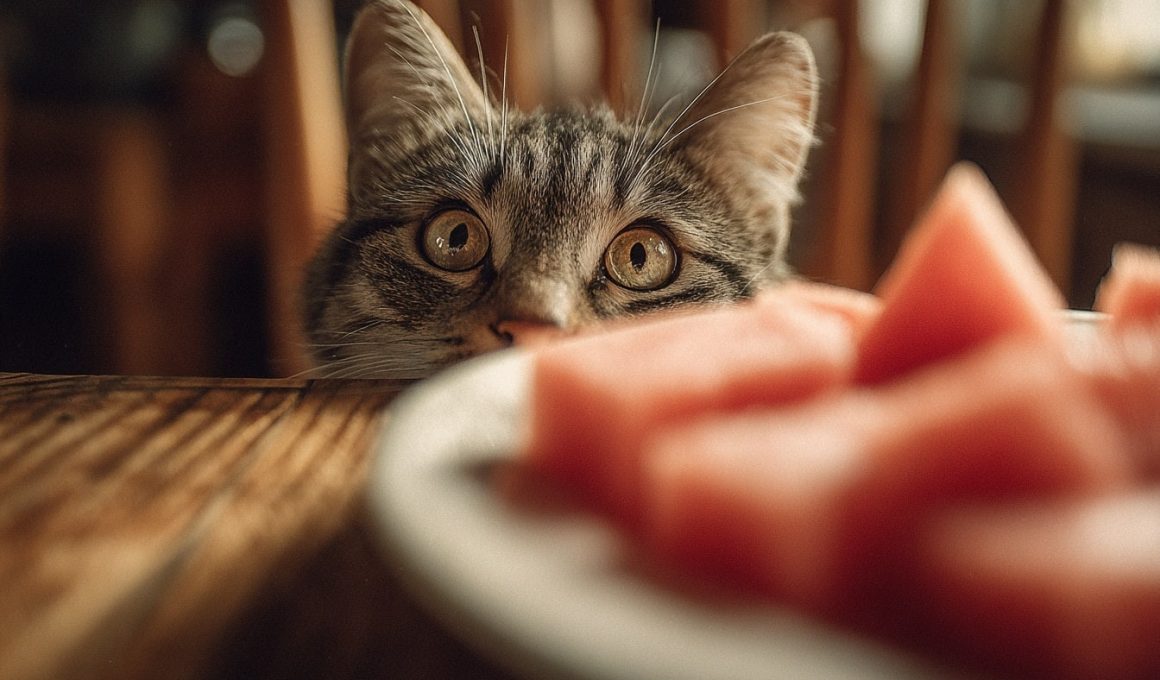 Chat guette pastèque sur une table en bois.