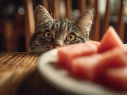 Chat guette pastèque sur une table en bois.