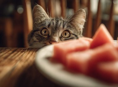 Chat guette pastèque sur une table en bois.