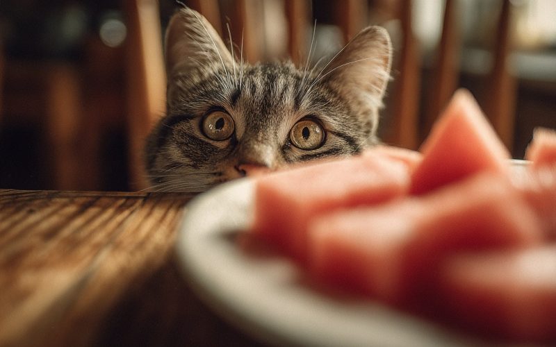 Chat guette pastèque sur une table en bois.