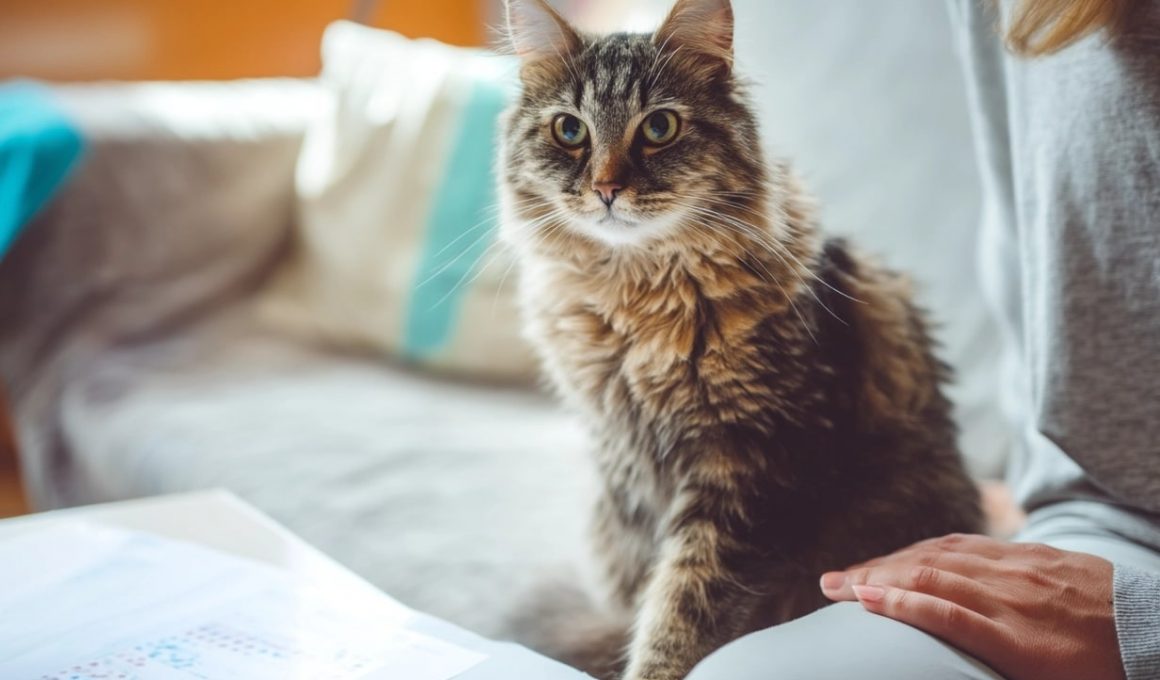 Chat tigré assis sur un canapé.