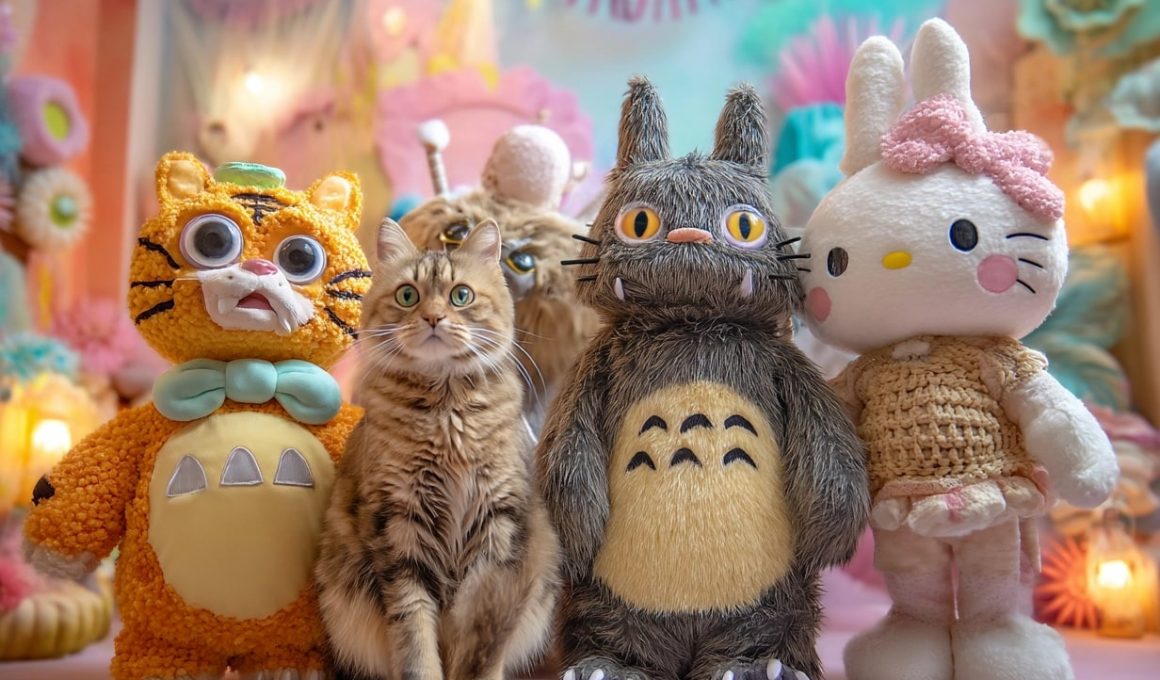 Chat avec trois grandes peluches colorées.