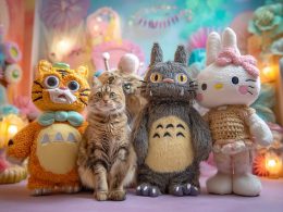 Chat avec trois grandes peluches colorées.