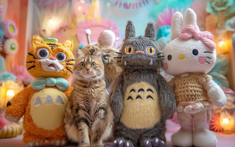 Chat avec trois grandes peluches colorées.