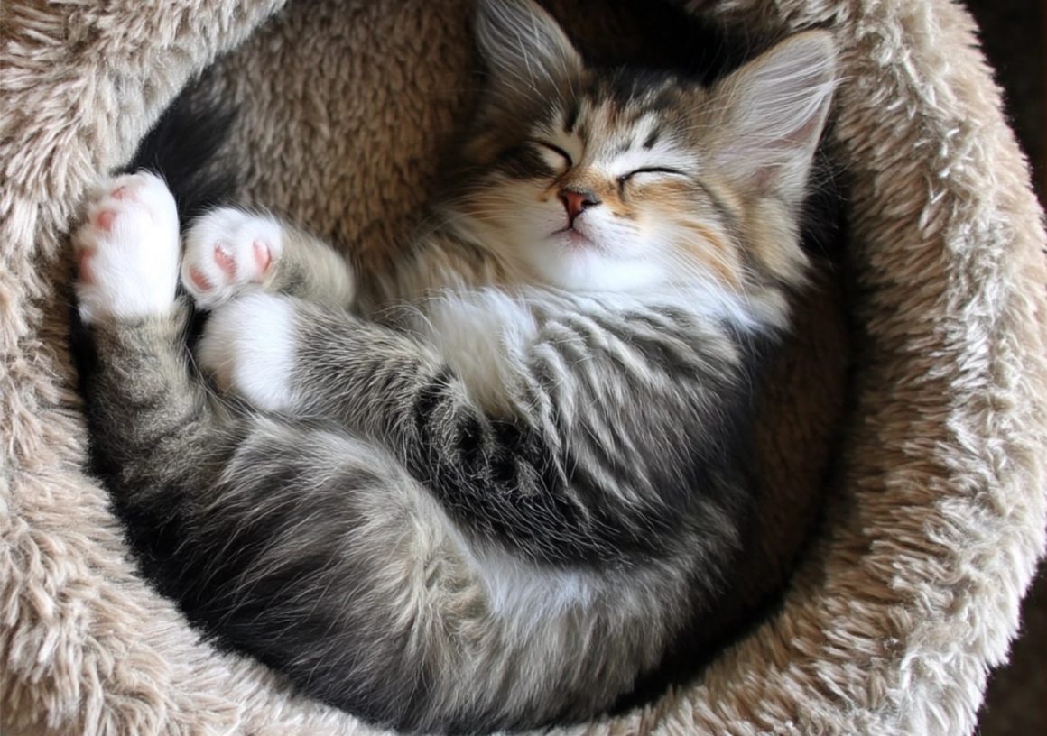 Chaton endormi dans un panier doux.