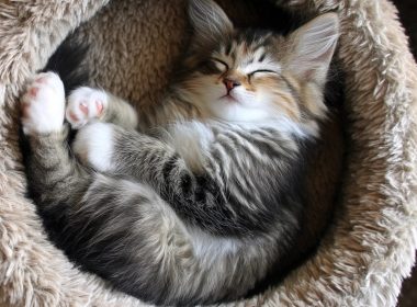 Chaton endormi dans un panier doux.