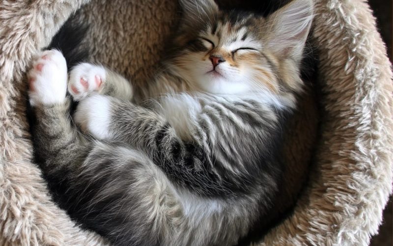 Chaton endormi dans un panier doux.