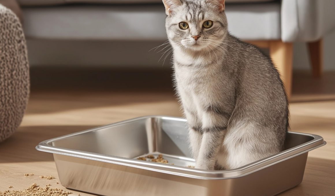 Chat gris dans un bac à litière moderne.