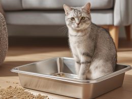 Chat gris dans un bac à litière moderne.