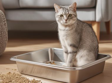 Chat gris dans un bac à litière moderne.