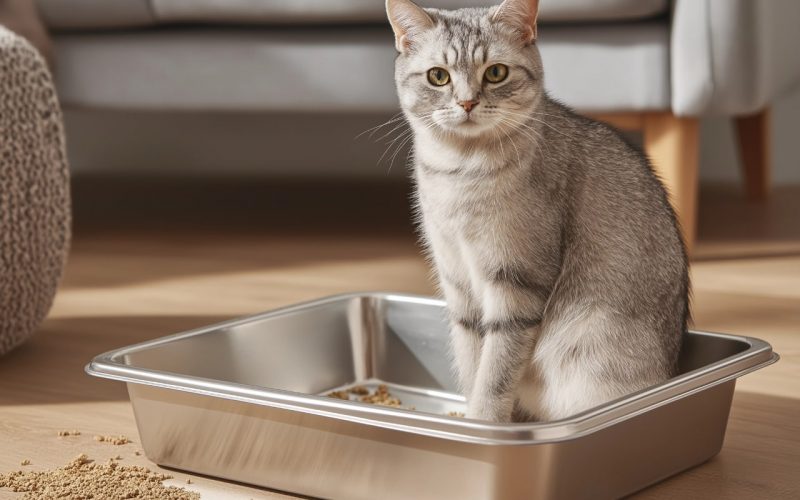 Chat gris dans un bac à litière moderne.