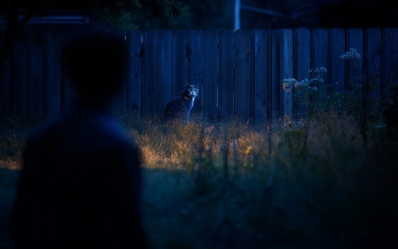 Chat éclairé dans la nuit, près d'une clôture.
