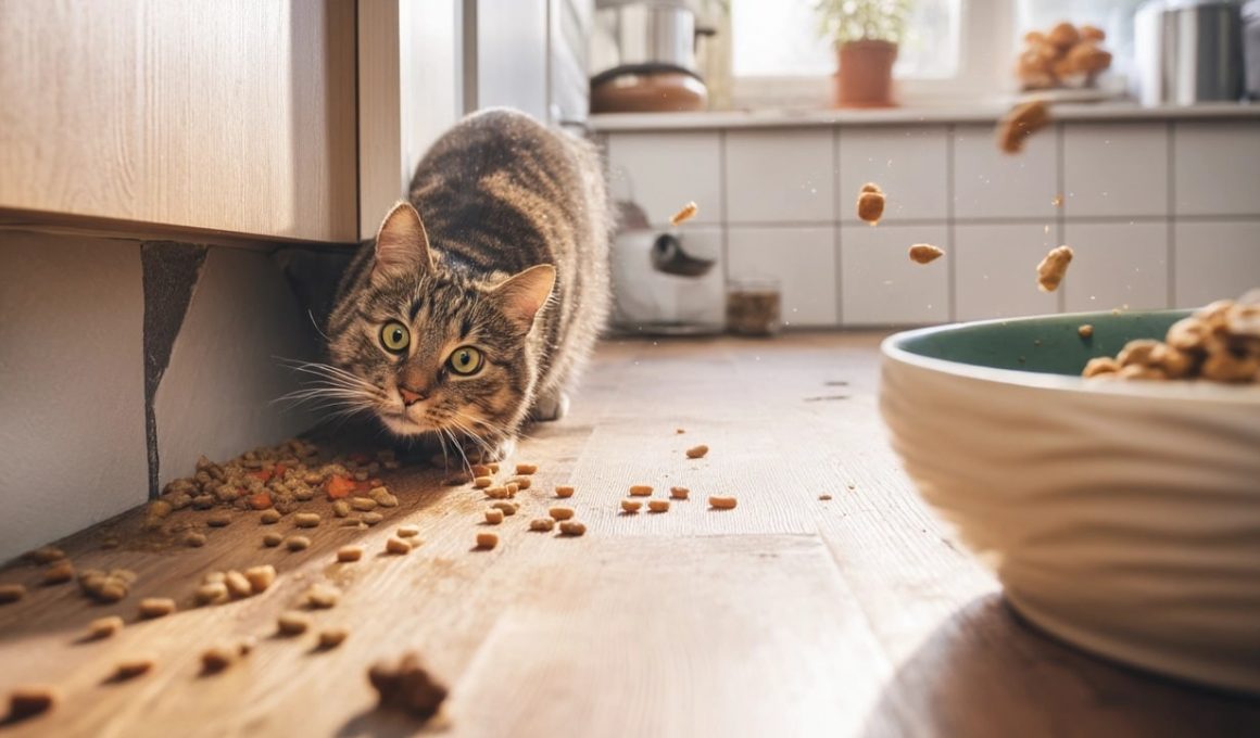 Chat renversant des croquettes sur le sol de la cuisine.