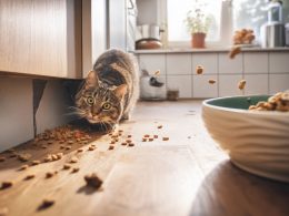 Chat renversant des croquettes sur le sol de la cuisine.