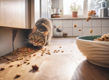 Chat renversant des croquettes sur le sol de la cuisine.
