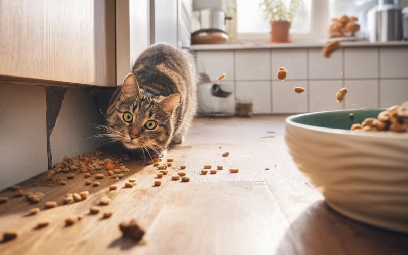 Chat renversant des croquettes sur le sol de la cuisine.