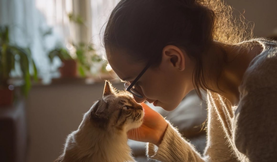 Femme touchant nez avec chat dans salon lumineux.