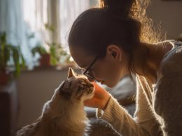 Femme touchant nez avec chat dans salon lumineux.