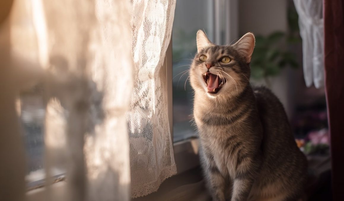 Chat gris miaulant devant une fenêtre ensoleillée.