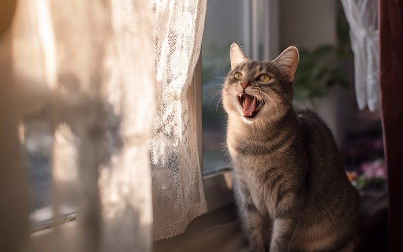 Chat gris miaulant devant une fenêtre ensoleillée.