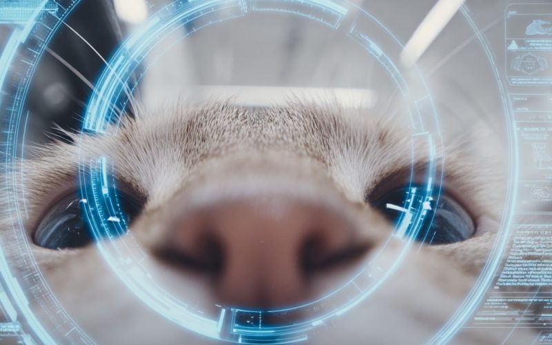 Gros plan d'un chat avec effets numériques futuristes.