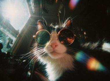 Chat noir et blanc avec lunettes de soleil.