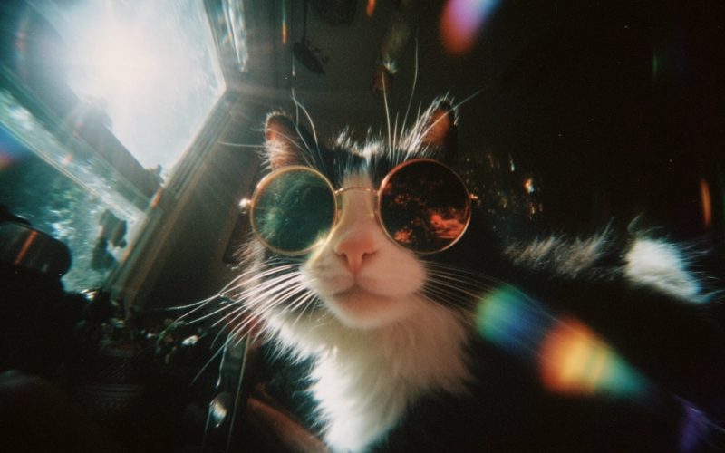 Chat noir et blanc avec lunettes de soleil.