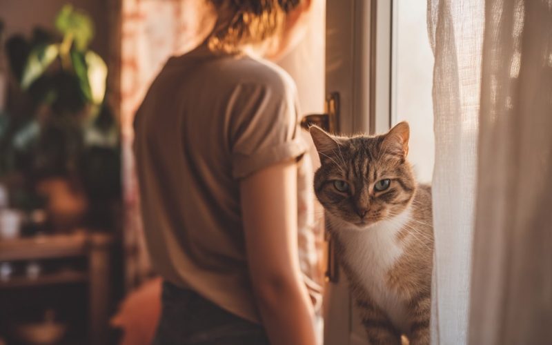 Chat sur le rebord d'une fenêtre ensoleillée.