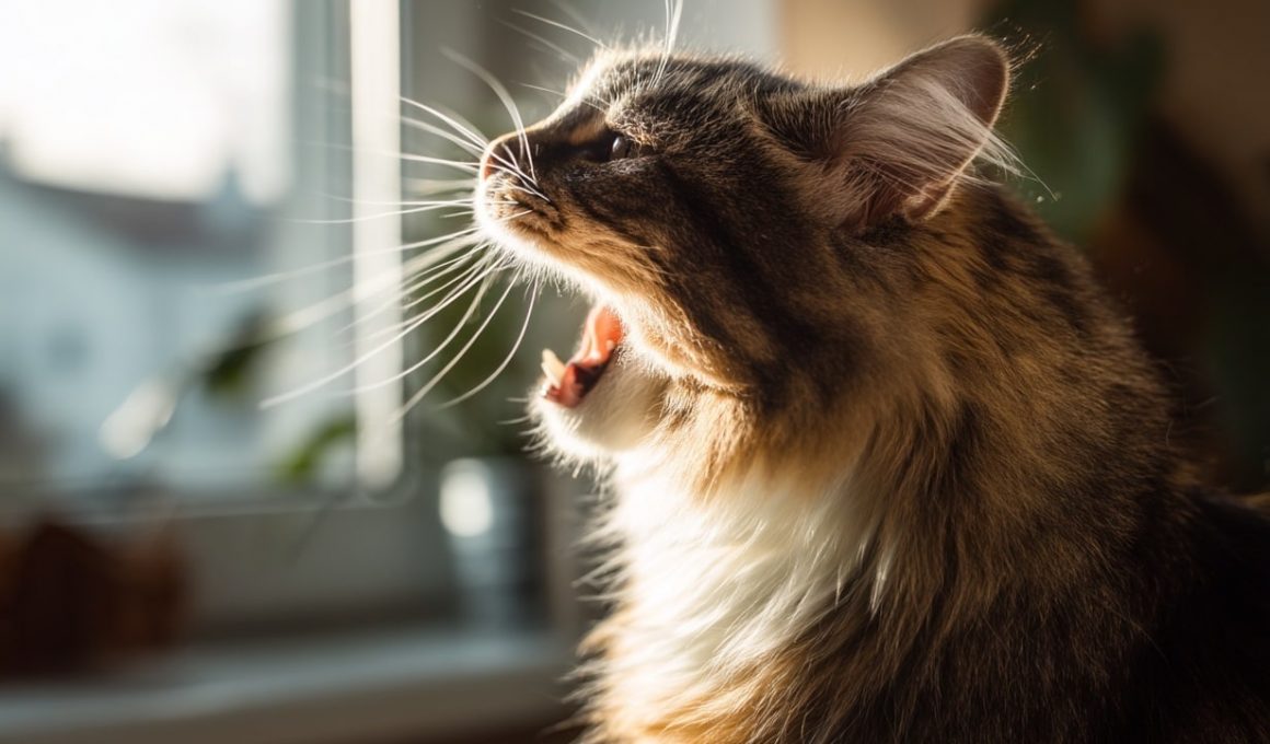 Chat baillant près d'une fenêtre ensoleillée.