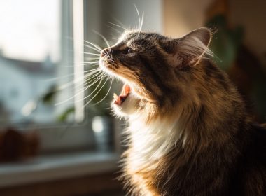 Chat baillant près d'une fenêtre ensoleillée.