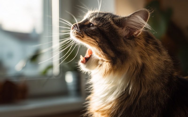 Chat baillant près d'une fenêtre ensoleillée.