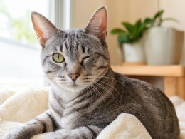 Chat tigré gris clin d’œil sur couverture