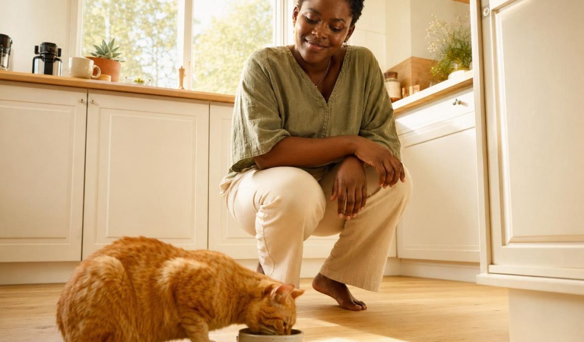 Femme regardant son chat manger dans la cuisine