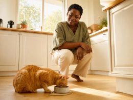Femme regardant son chat manger dans la cuisine