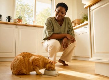 Femme regardant son chat manger dans la cuisine